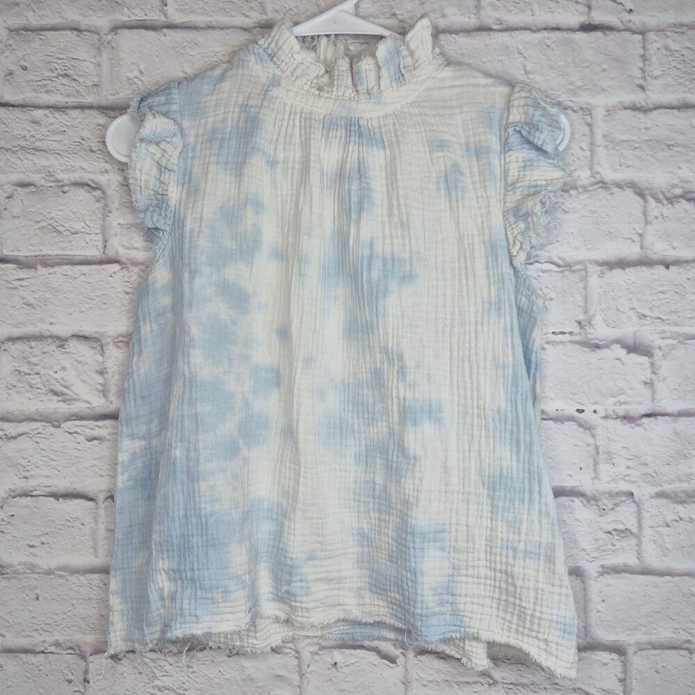 STARK X Cotton Gauze Tie Dye Ruffle Neck Top XS Blue Boho Beach Resort Blouse